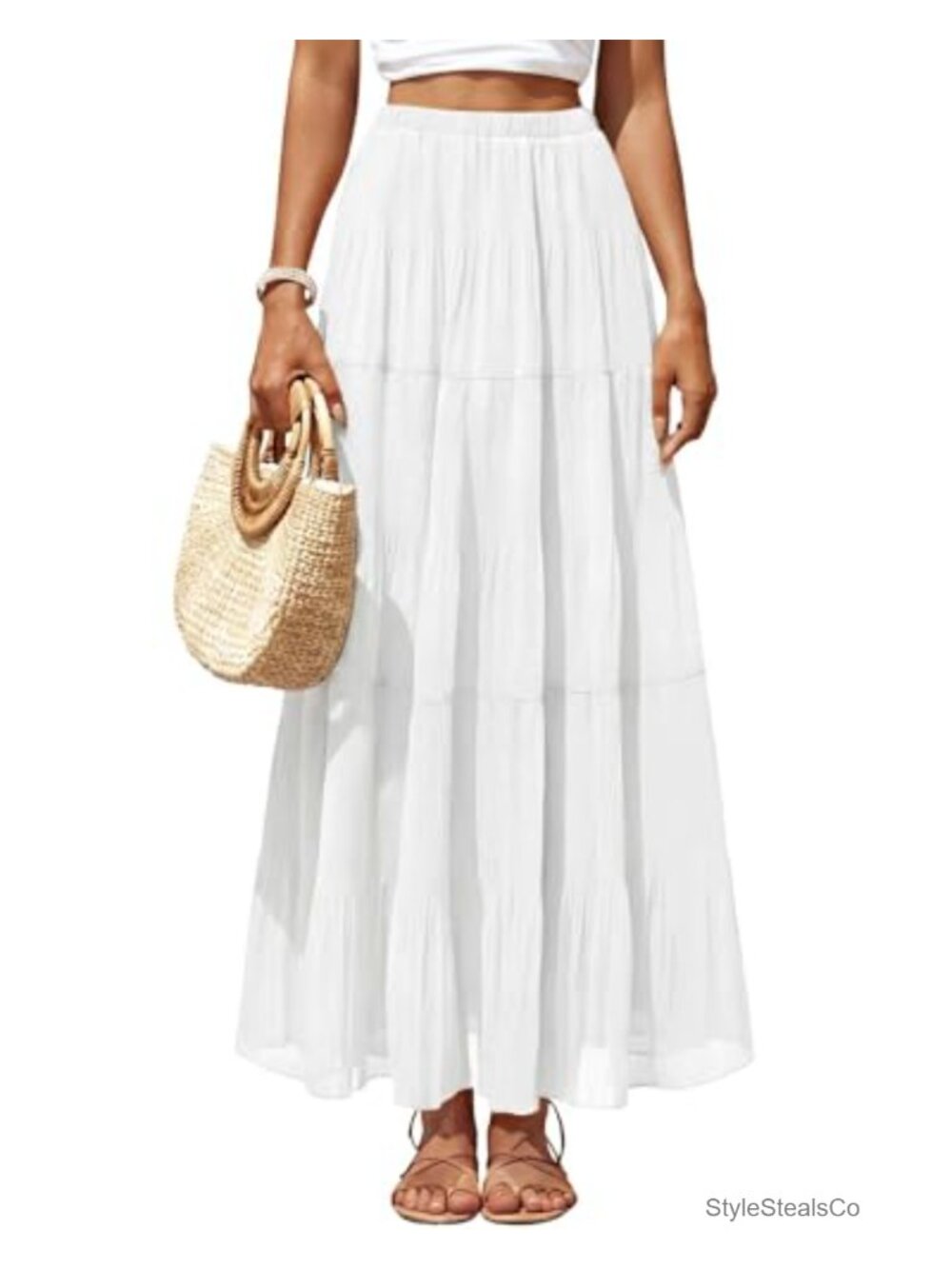 Women's Chiffon Pleated Maxi Skirt High Waist Flowy Long A-Line White Boho